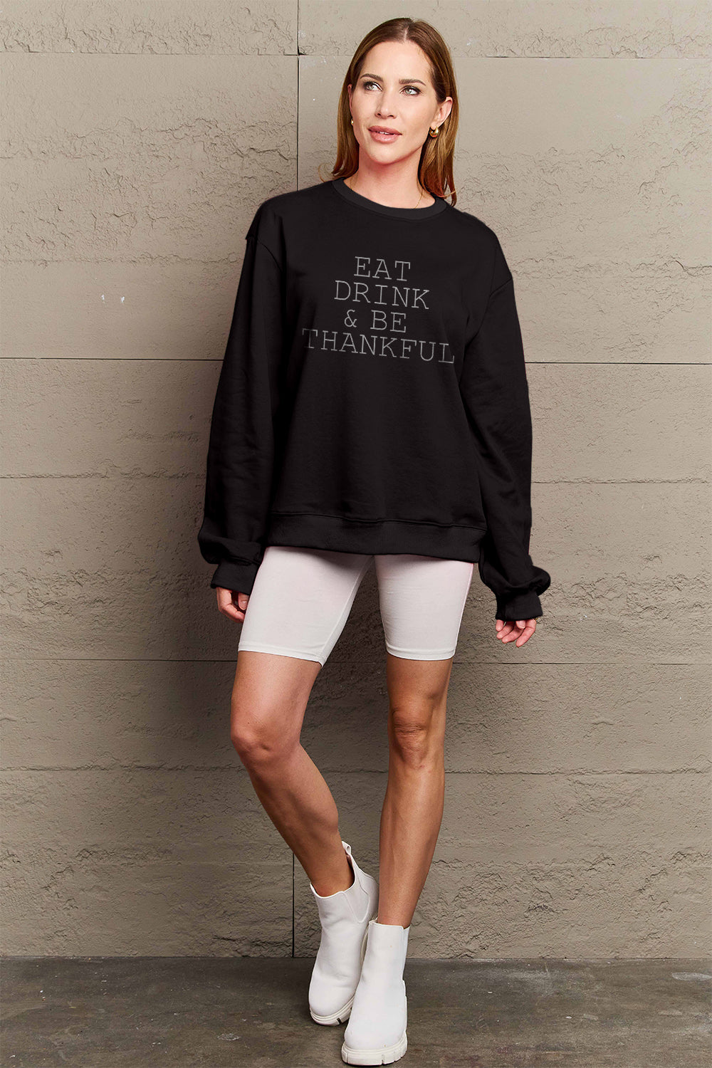 Simply Love Full Size EAT DRINK &amp; BE THANKFUL Round Neck Sweatshirt