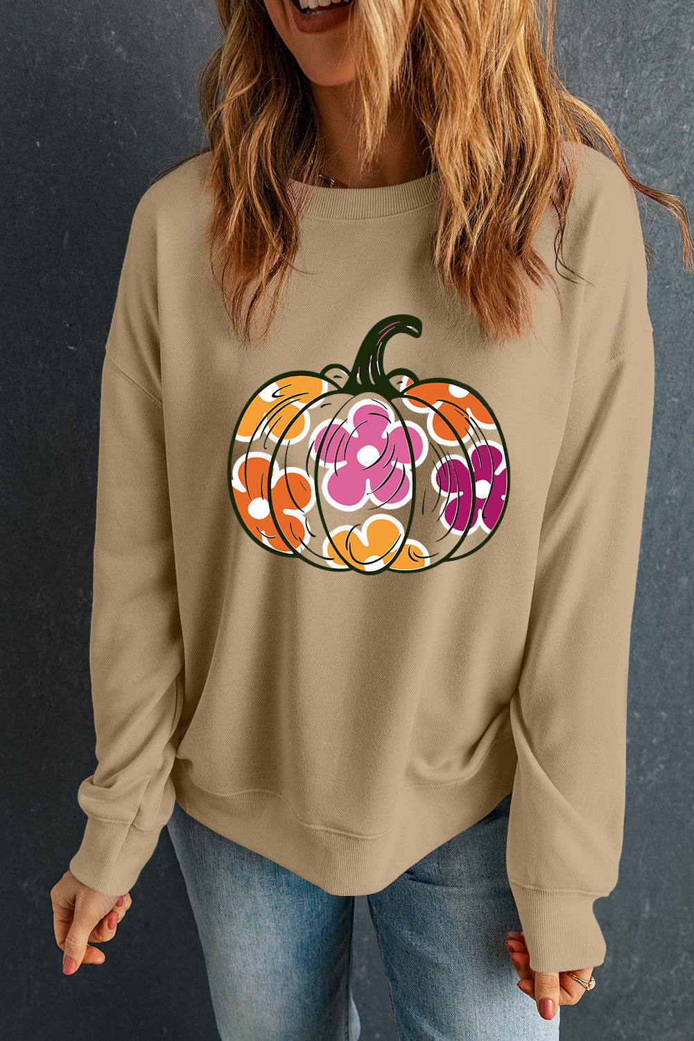 Pumpkin &amp; Flower Graphic Long Sleeve Sweatshirt