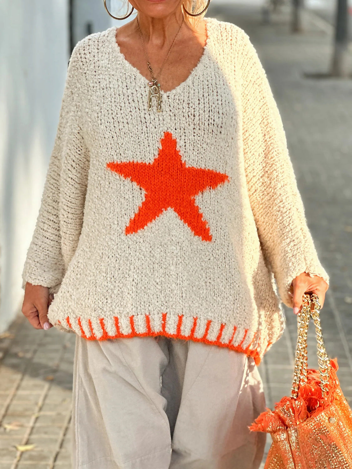 Star V-Neck Long Sleeve Oversize Sweater