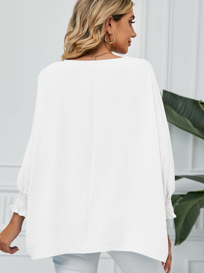 Smocked Lantern Sleeve Round Neck Blouse