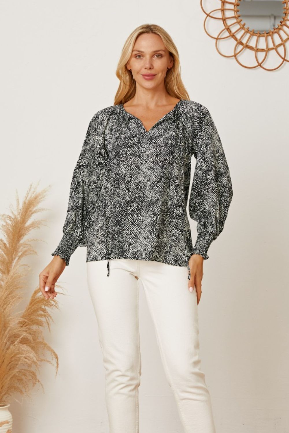 Printed Tie Neck Lantern Sleeve Blouse