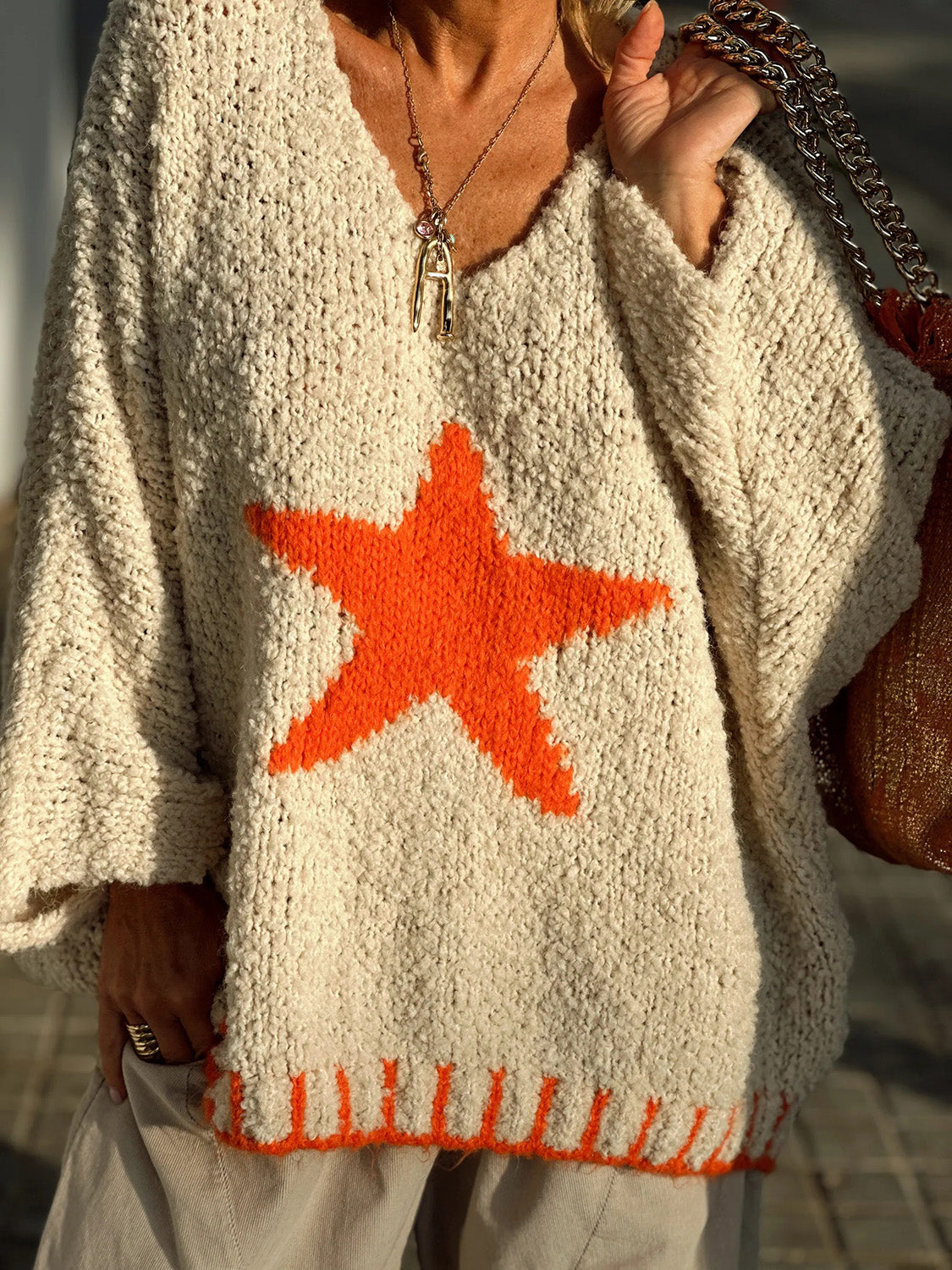 Star V-Neck Long Sleeve Oversize Sweater