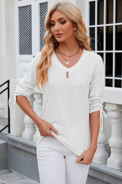 Eyelet Drawstring V-Neck Half Sleeve T-Shirt