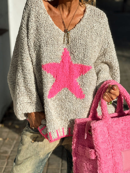 Star V-Neck Long Sleeve Oversize Sweater