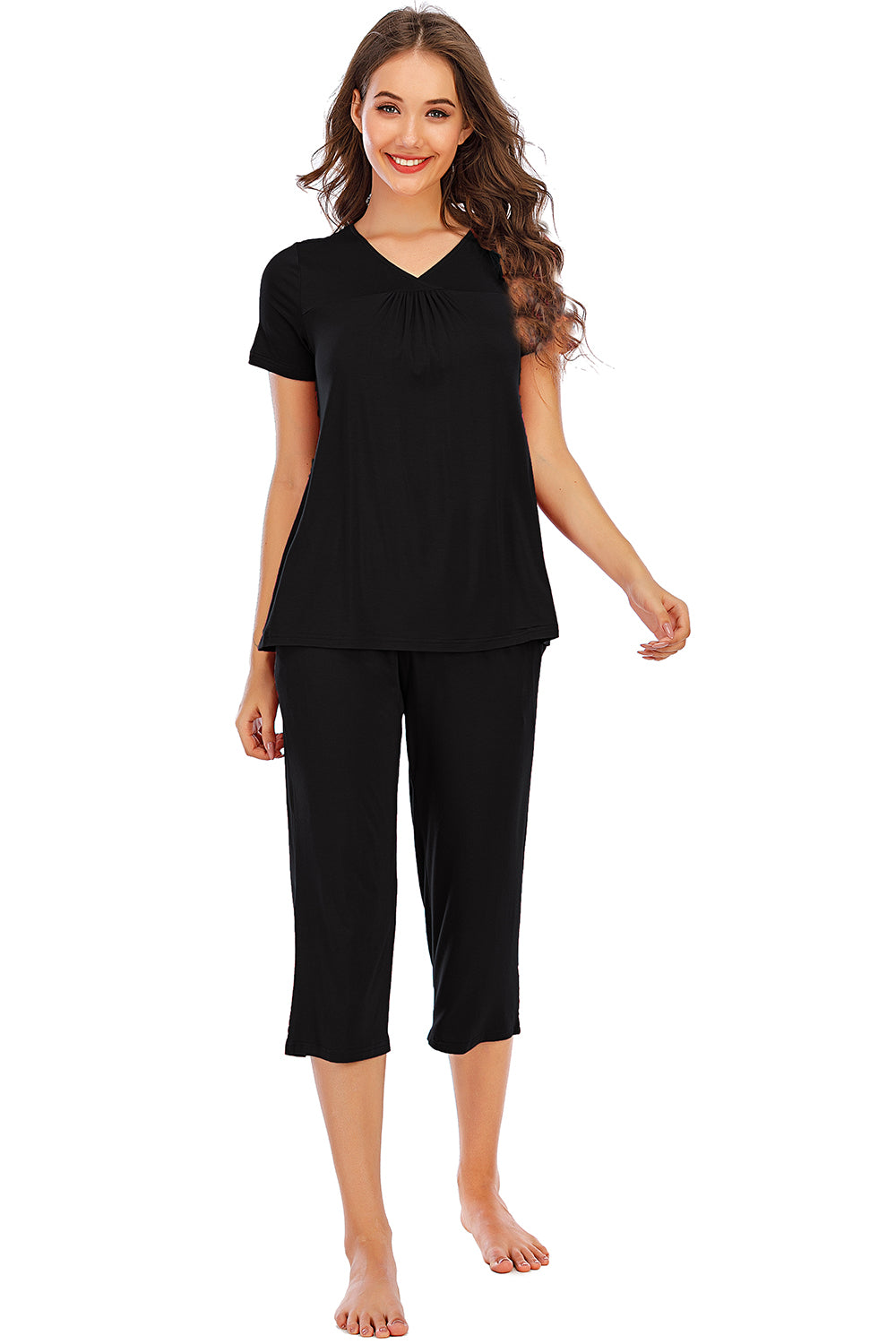 V-Neck Short Sleeve Top and Pants Lounge Set