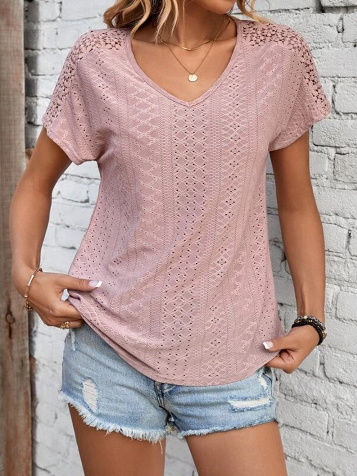 Eyelet V-Neck Short Sleeve T-Shirt