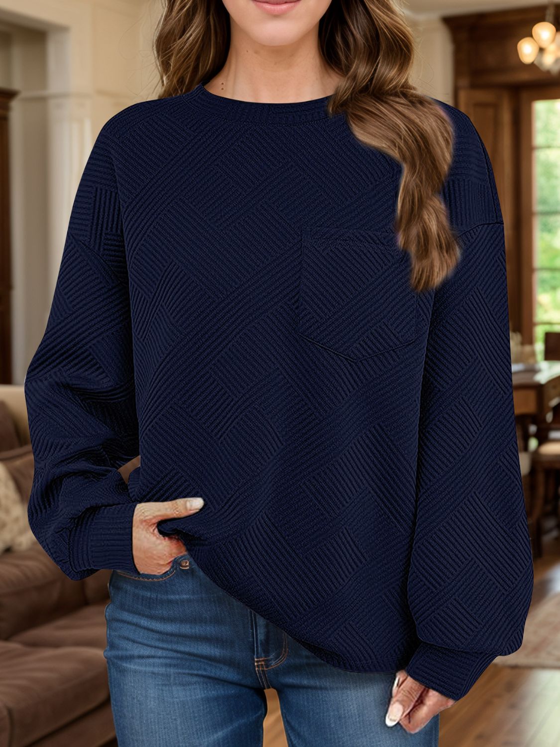 Full Size Texture Round Neck Long Sleeve Sweatshirt