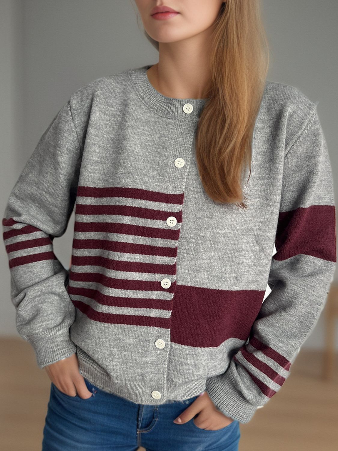 Striped Color Block Round Neck Cardigan