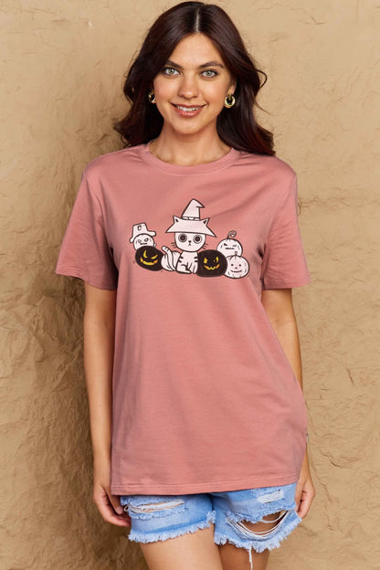 Simply Love Full Size Cat &amp; Pumpkin Graphic Cotton T-Shirt