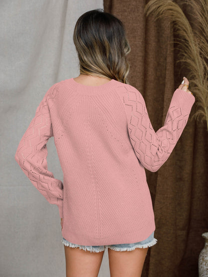 Openwork Round Neck Raglan Sleeve Sweater