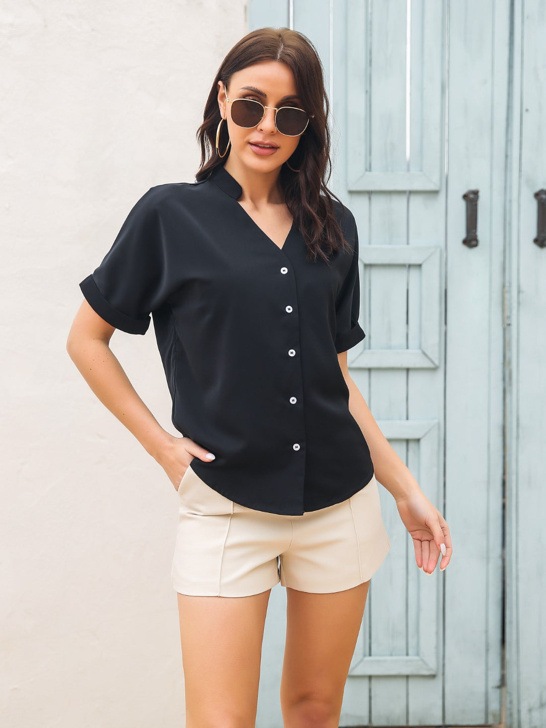 Notched Button Up Short Sleeve Shirt