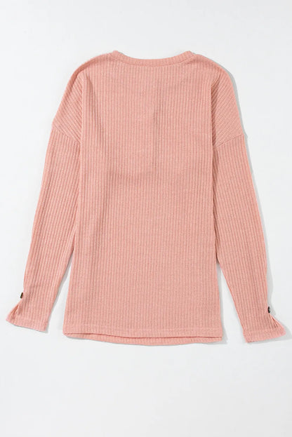 Ribbed Half Button Long Sleeve Knit Top