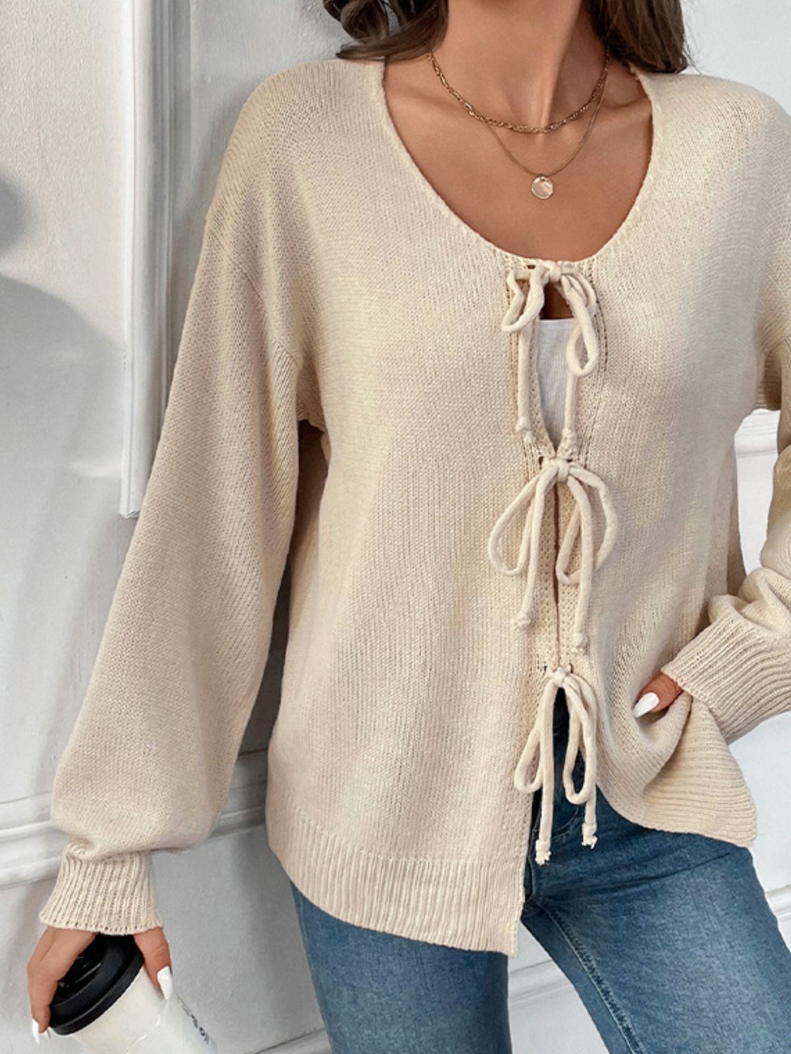 Perfee Tied Round Neck Long Sleeve Cardigan