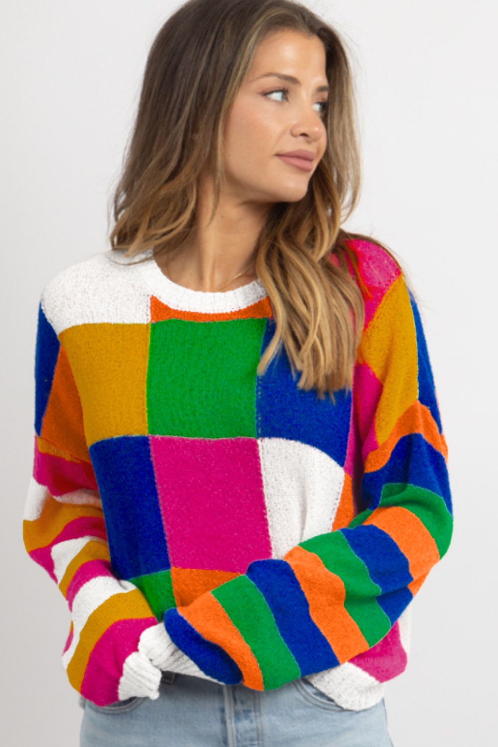 Color Block Round Neck Long Sleeve Sweater