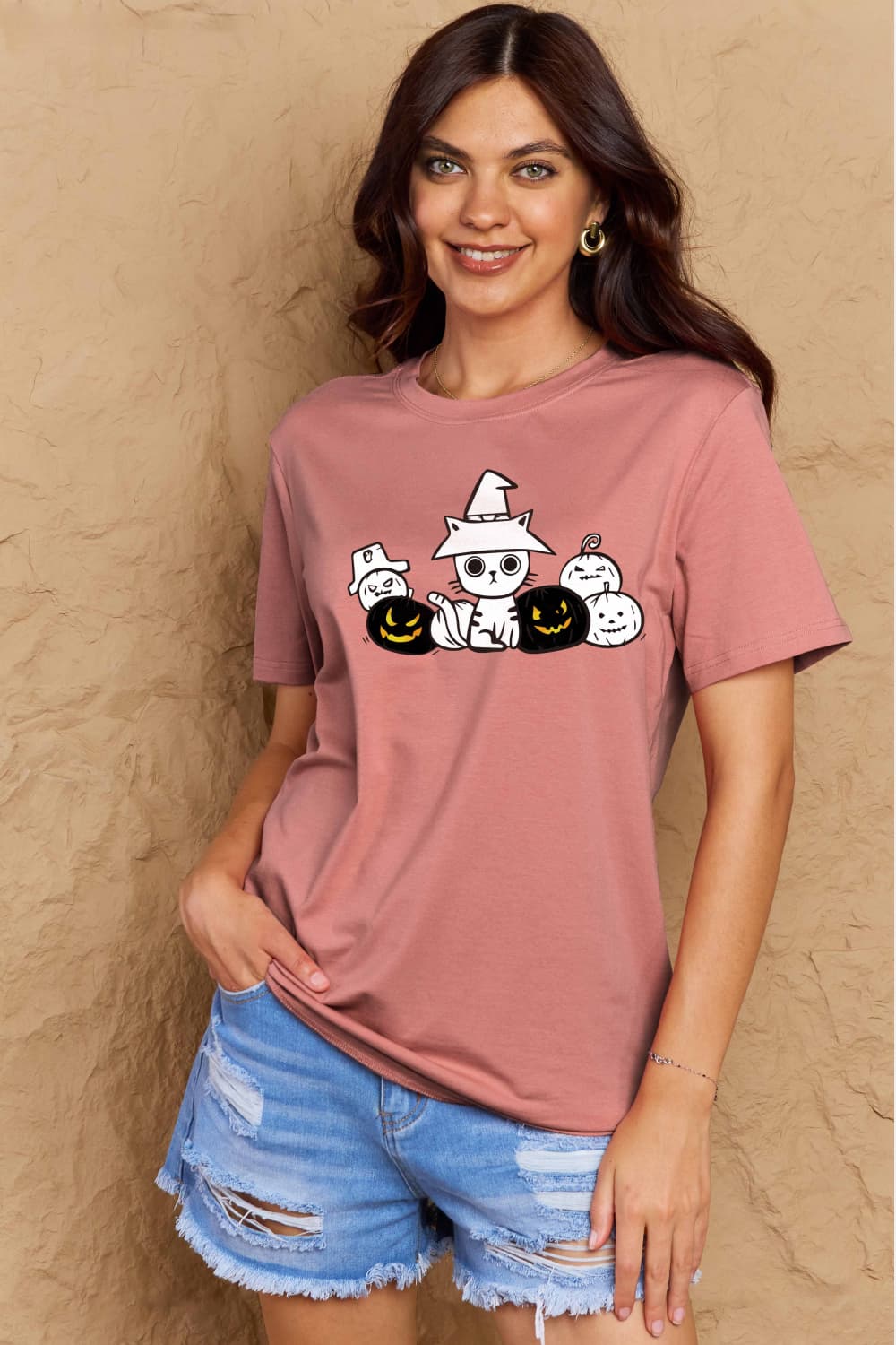 Simply Love Full Size Cat &amp; Pumpkin Graphic Cotton T-Shirt