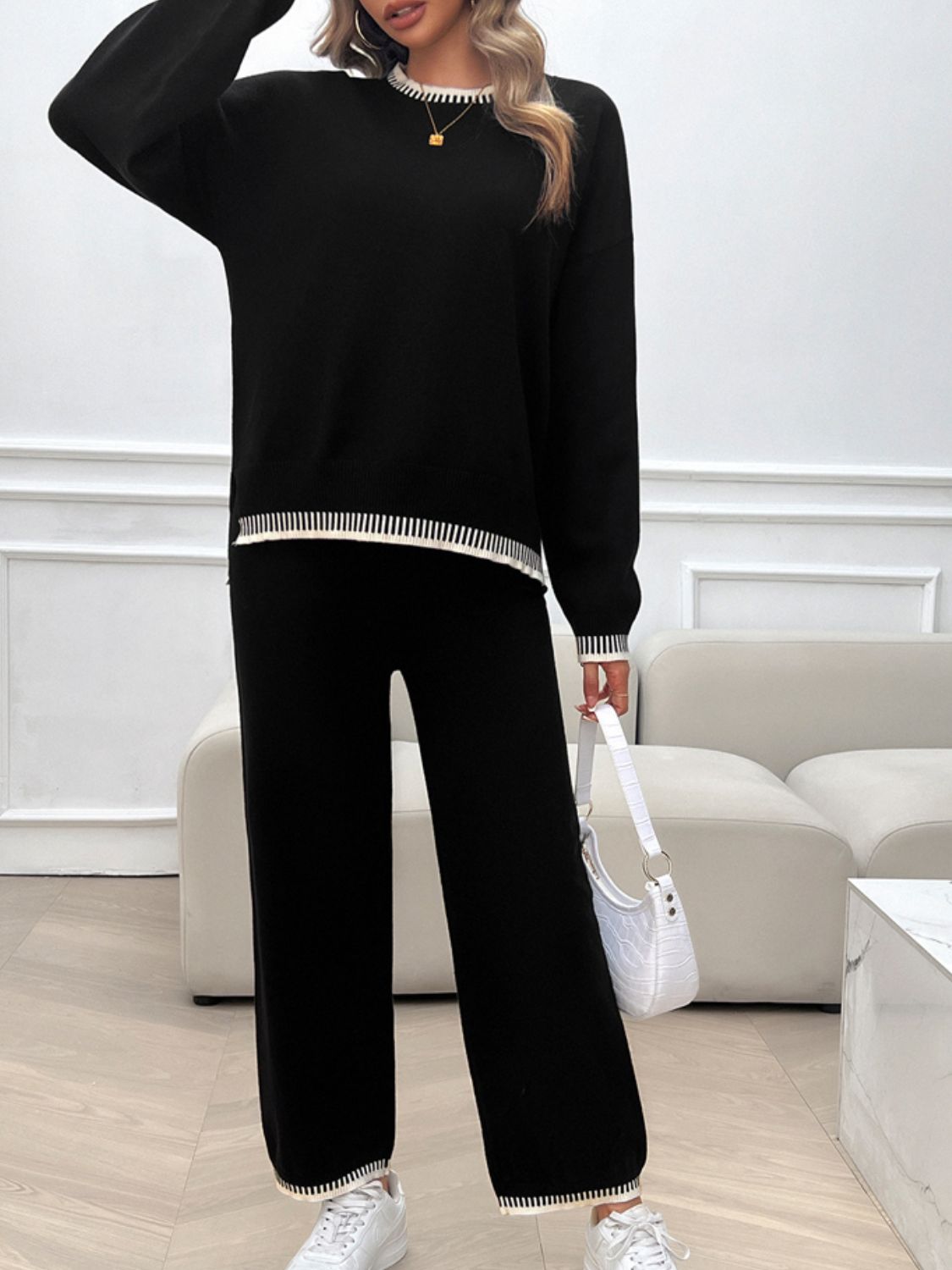 Devine Round Neck Dropped Shoulder Top and Pants Sweater Set