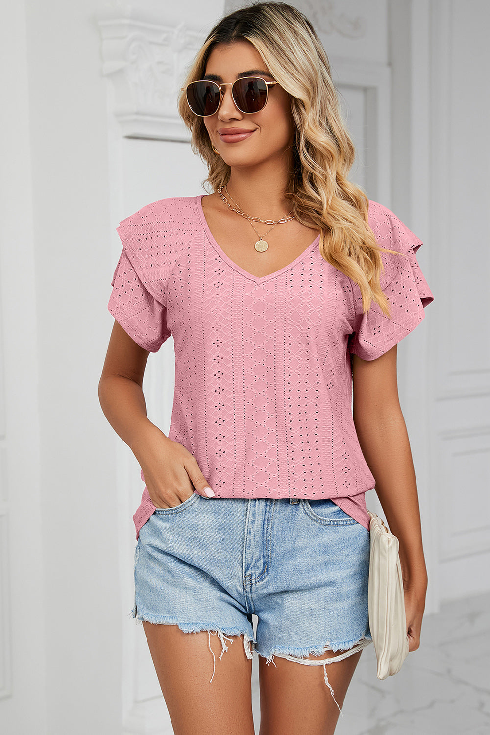 Eyelet V-Neck Short Sleeve T-Shirt