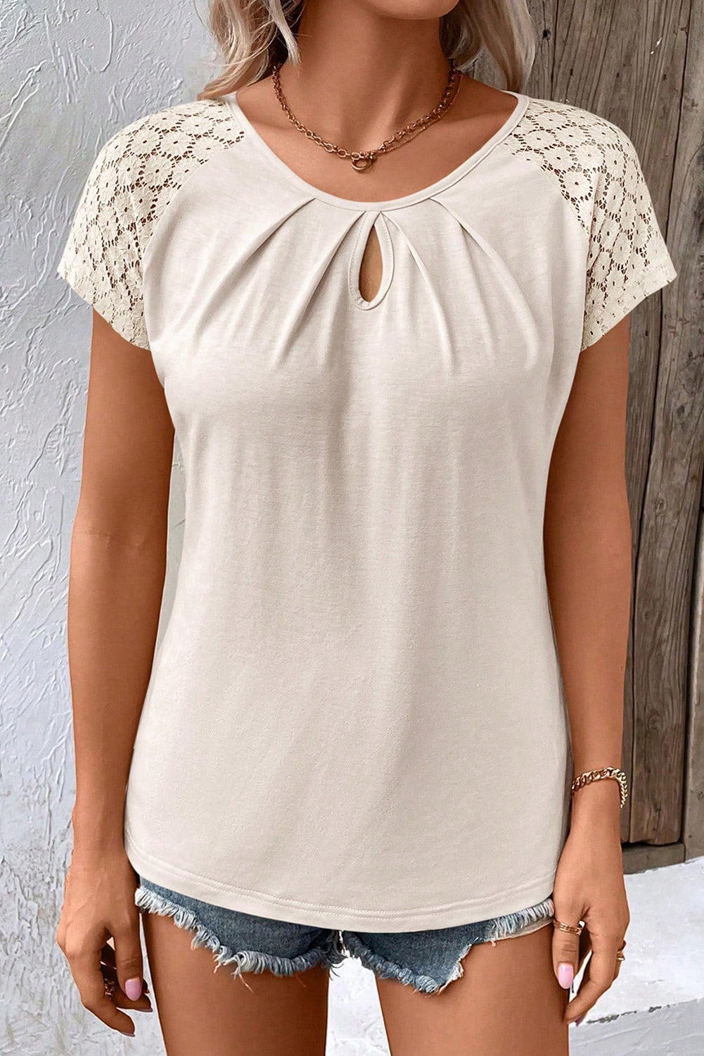 Cutout Round Neck Lace Short Sleeve T-Shirt