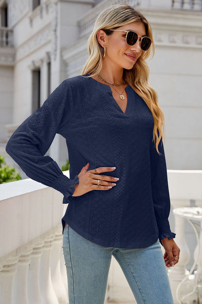 Eyelet Notched Lantern Sleeve T-Shirt