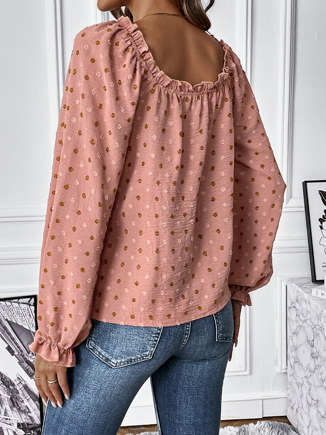 Honey Swiss Dot Square Neck Flounce Sleeve Blouse