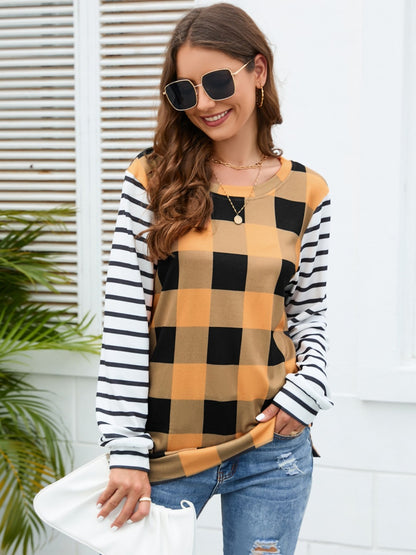 Plaid Striped Round Neck Long Sleeve T-Shirt