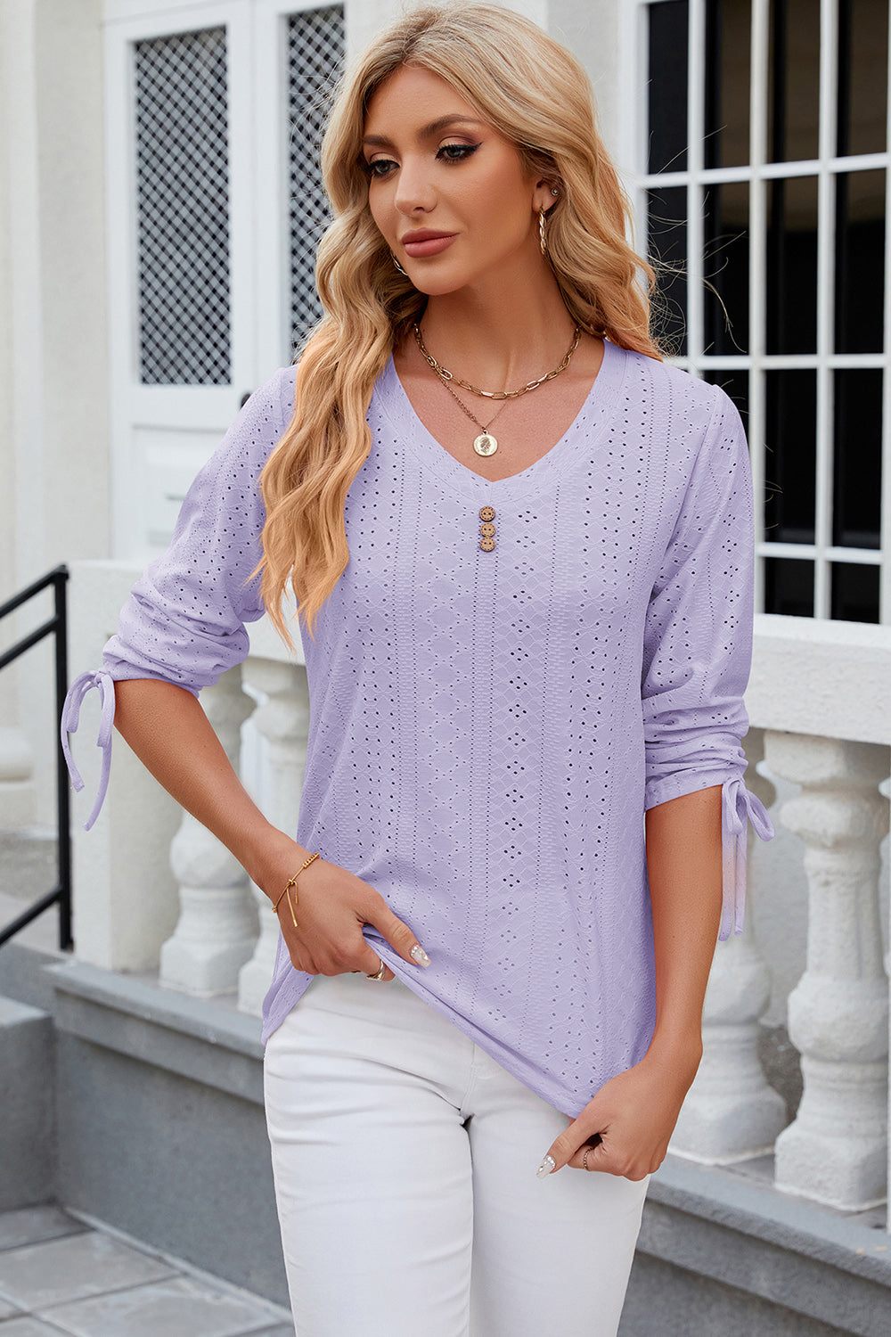 Eyelet Drawstring V-Neck Half Sleeve T-Shirt