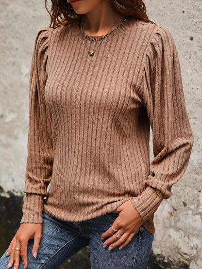 Perfee Ribbed Round Neck Long Sleeve T-Shirt