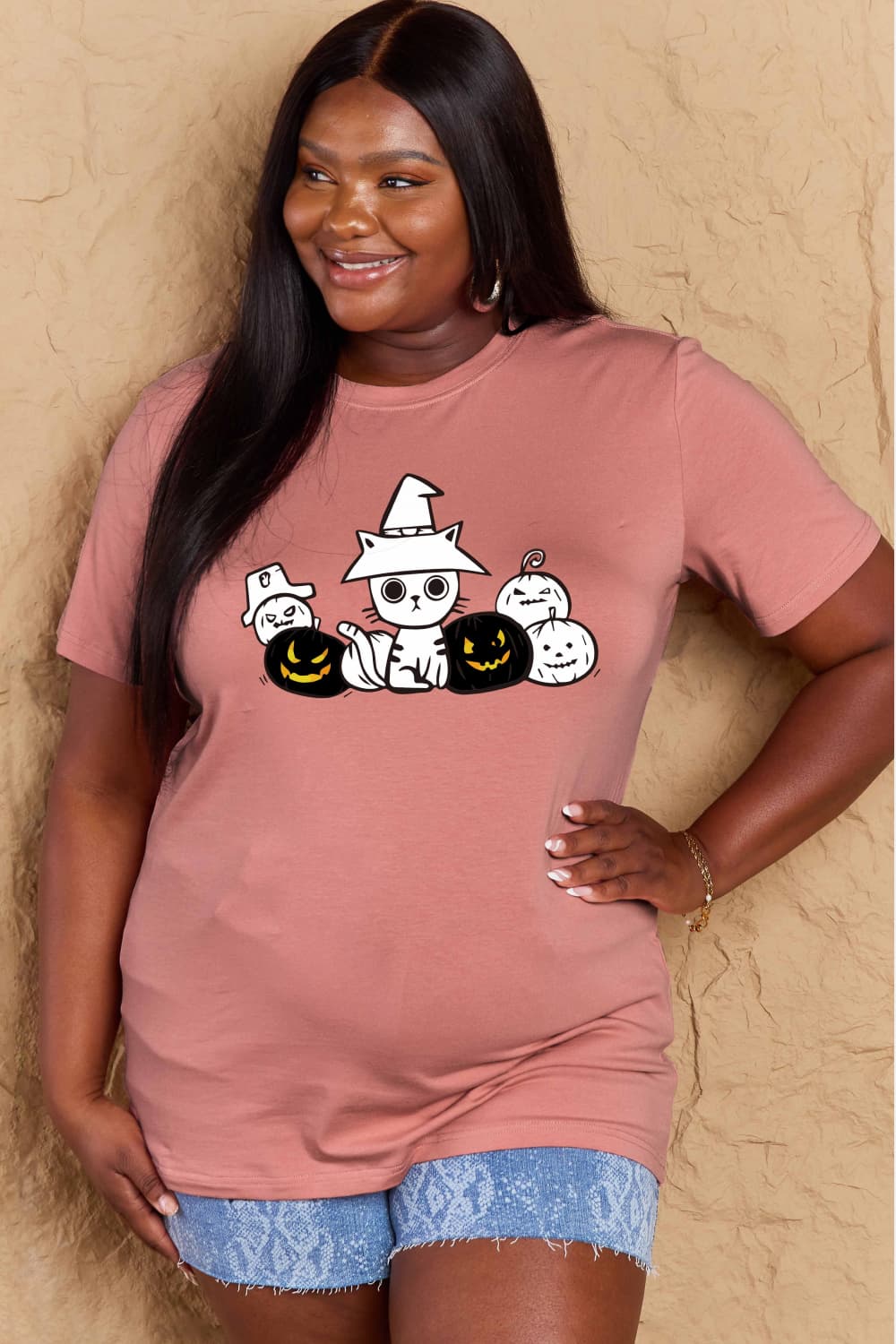 Simply Love Full Size Cat &amp; Pumpkin Graphic Cotton T-Shirt