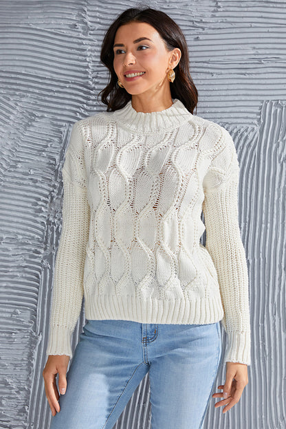 Shiny Cable-Knit Mock Neck Long Sleeve Sweater