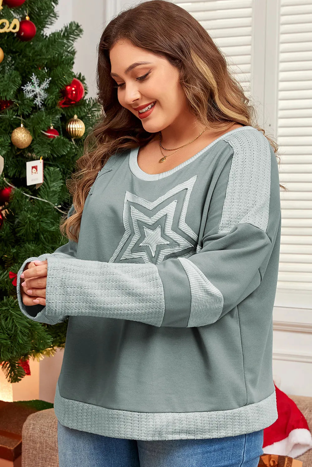 Plus Size Star Round Neck Long Sleeve Top