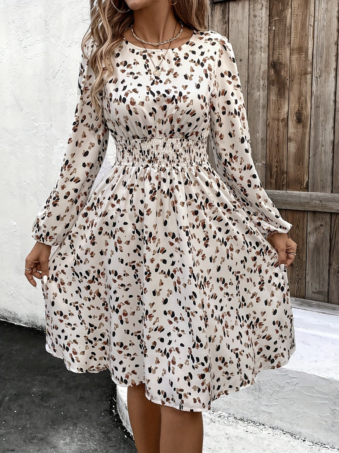 Printed Round Neck Long Sleeve Dress