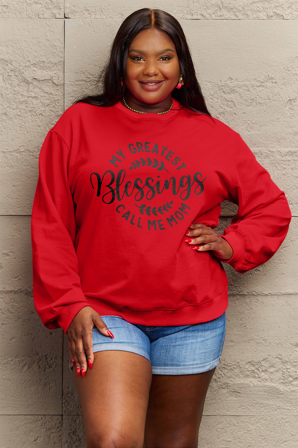 Simply Love Full Size MY GREATEST BLESSINGS CALL ME MOM Round Neck Sweatshirt