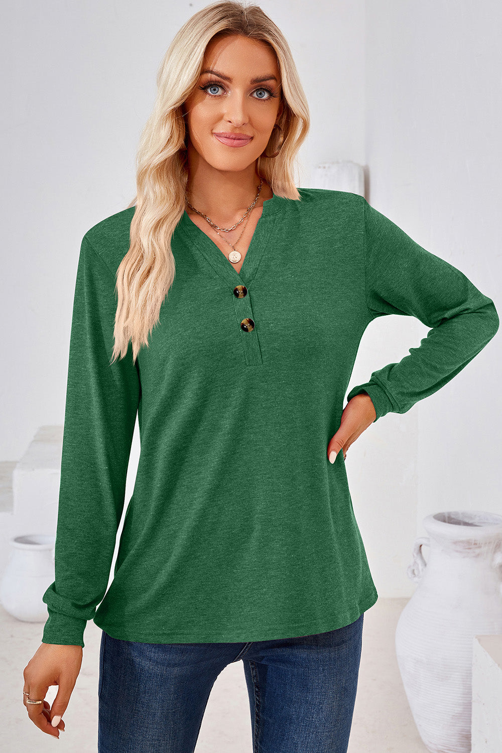 Notched Button Detail Long Sleeve T-Shirt