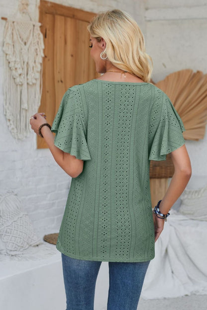 Eyelet Applique V-Neck Cap Sleeve T-Shirt