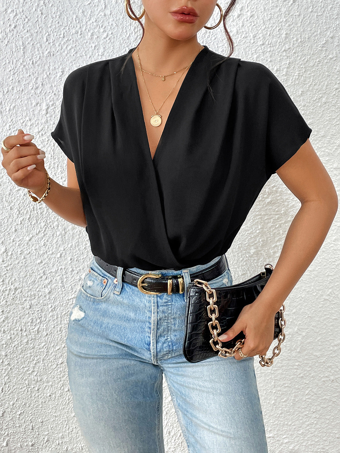 Perfee Surplice Short Sleeve Ruched Bodysuit