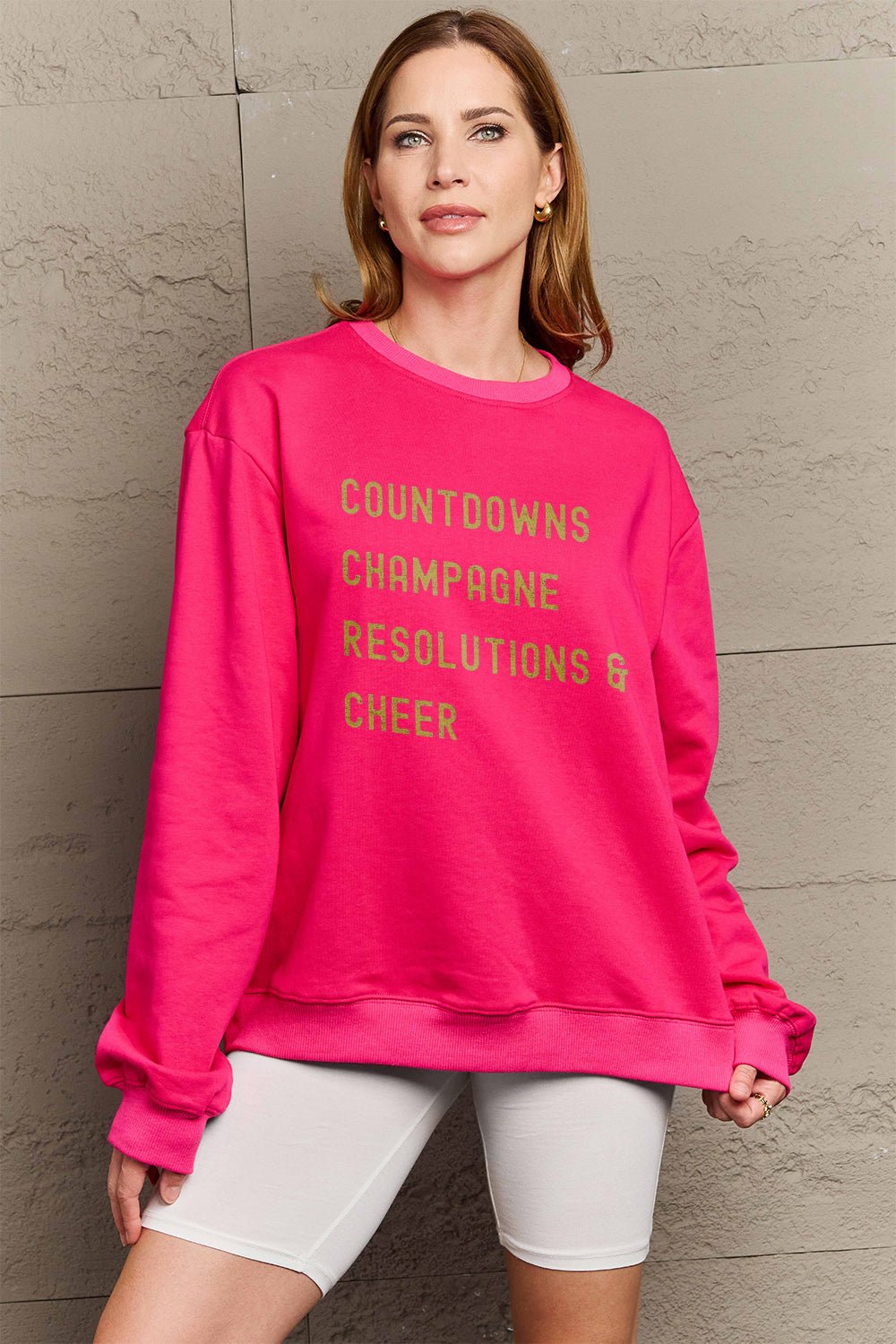 Simply Love Full Size COUNTDOWNS CHAMPAGNE RESOLUTIONS &amp; CHEER Round Neck Sweatshirt