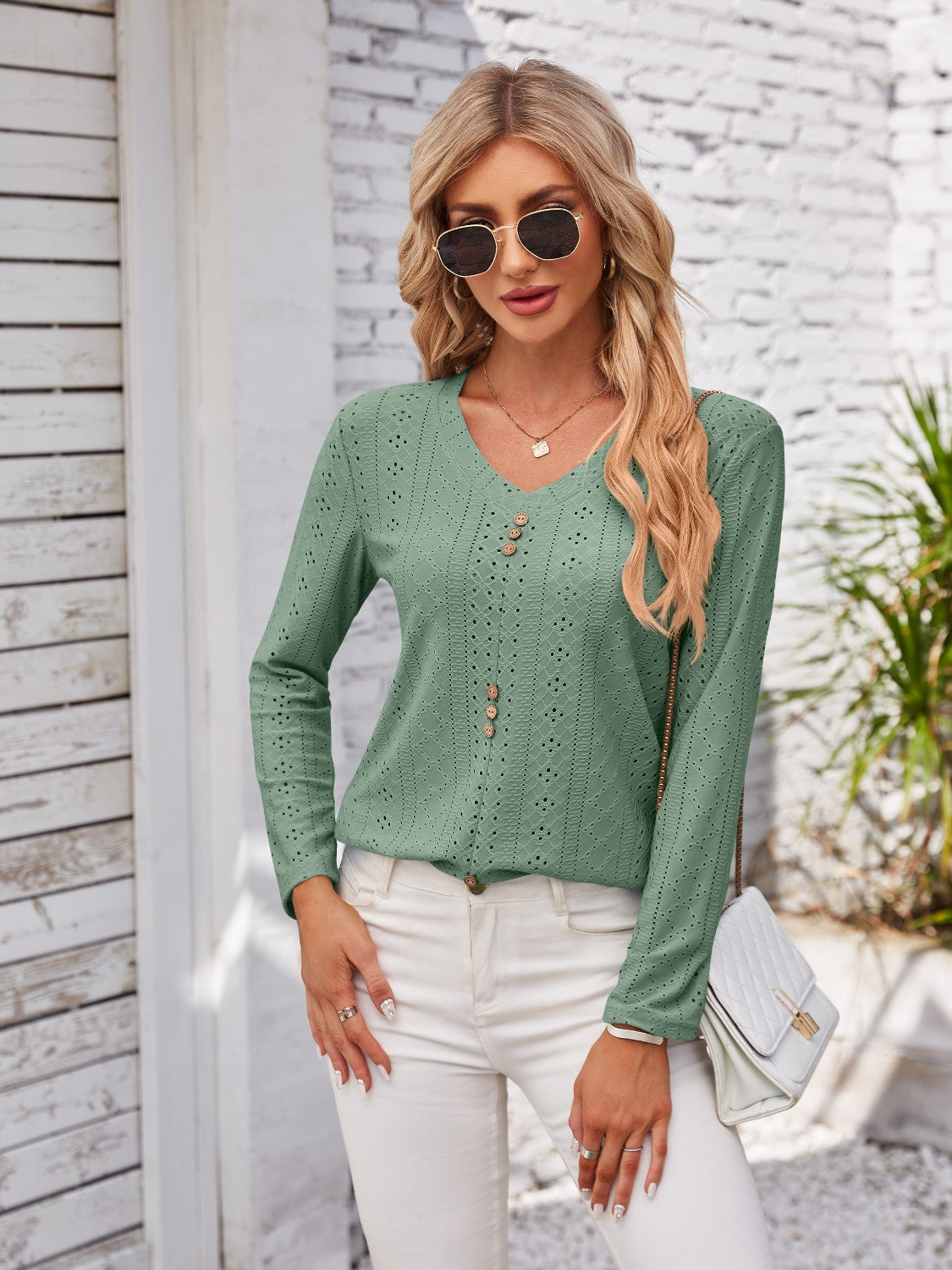 Decorative Button Openwork V-Neck T-Shirt