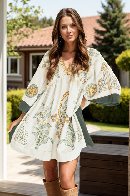 Printed V-Neck Three-Quarter Sleeve Mini Dress