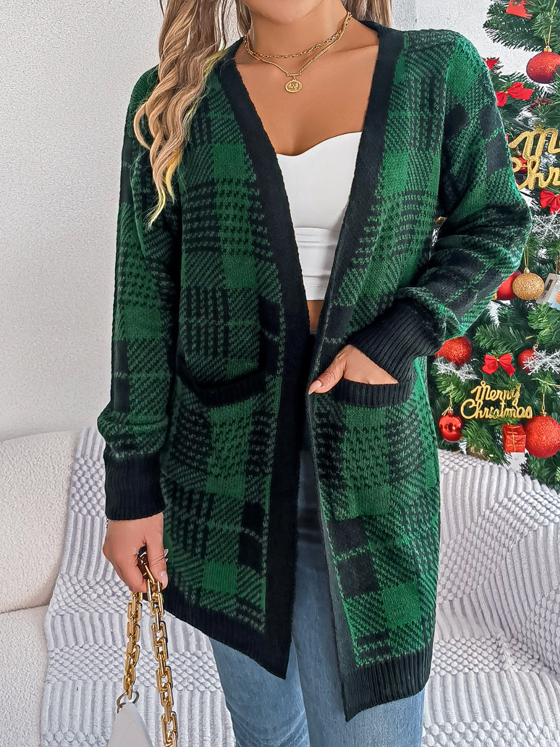 Plaid Open Front Long Sleeve Cardigan