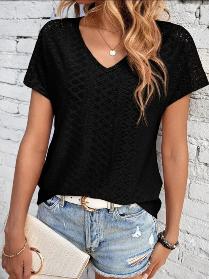 Eyelet V-Neck Short Sleeve T-Shirt