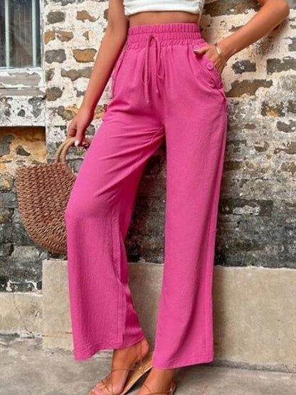 Tied High Waist Wide Leg Pants with Pockets