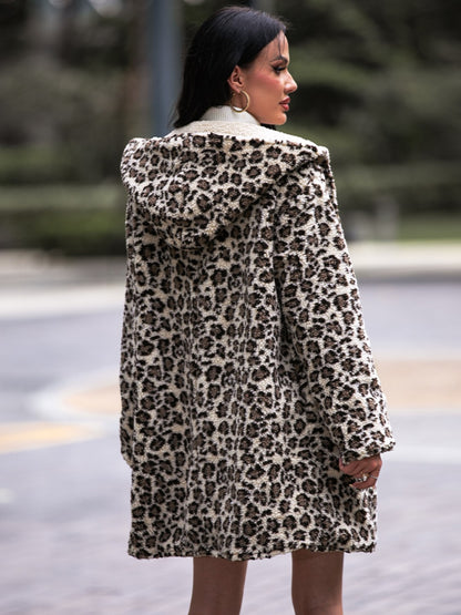 Shiny Leopard Hooded Coat with Pockets