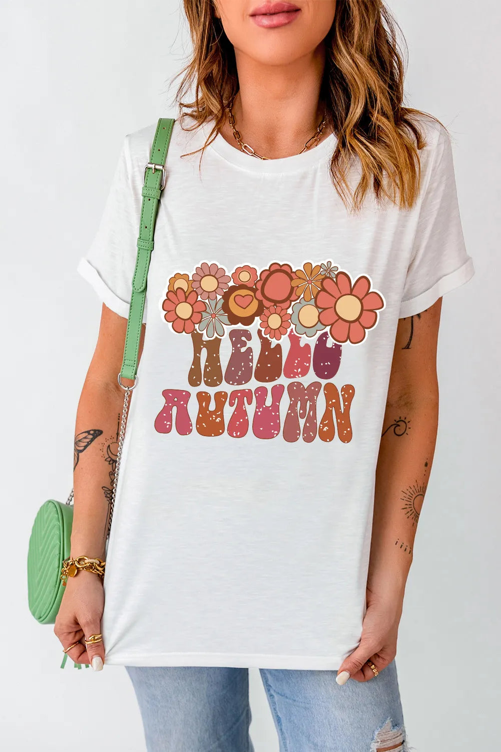 Flower &amp; Letter Graphic Round Neck Short Sleeve T-Shirt