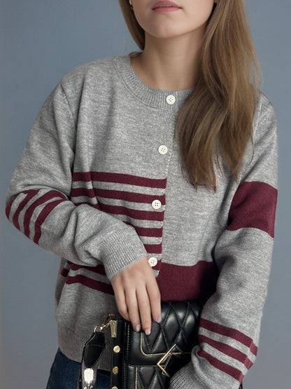 Striped Color Block Round Neck Cardigan