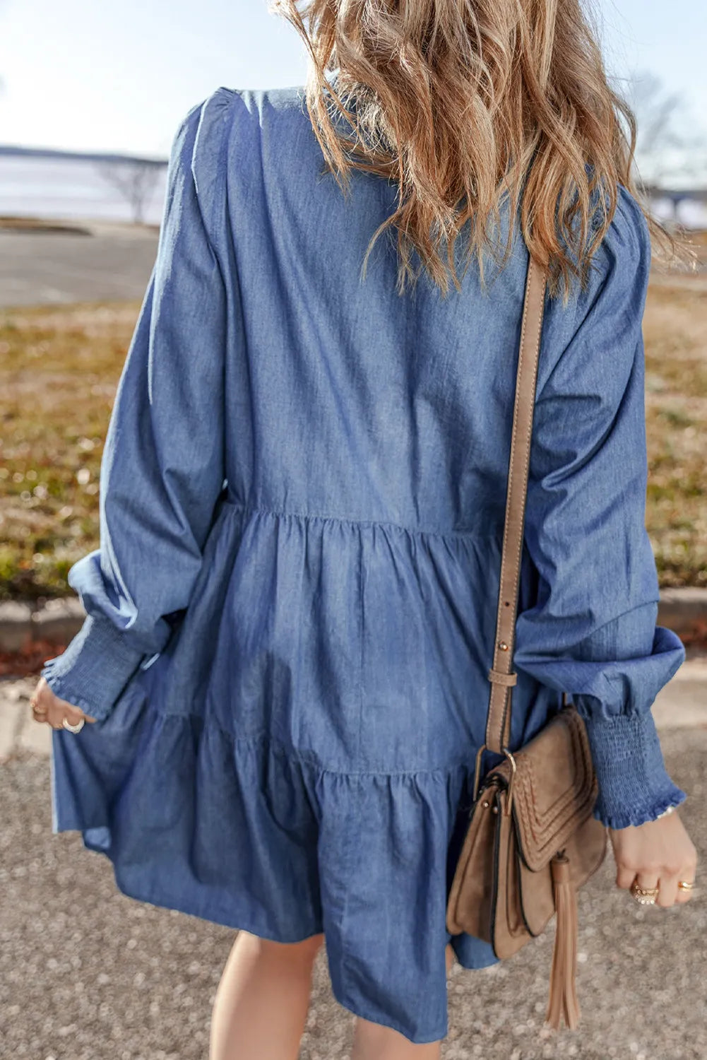 Tiered Johnny Collar Long Sleeve Denim Dress