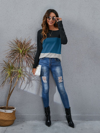 Color Block Round Neck Long Sleeve T-Shirt