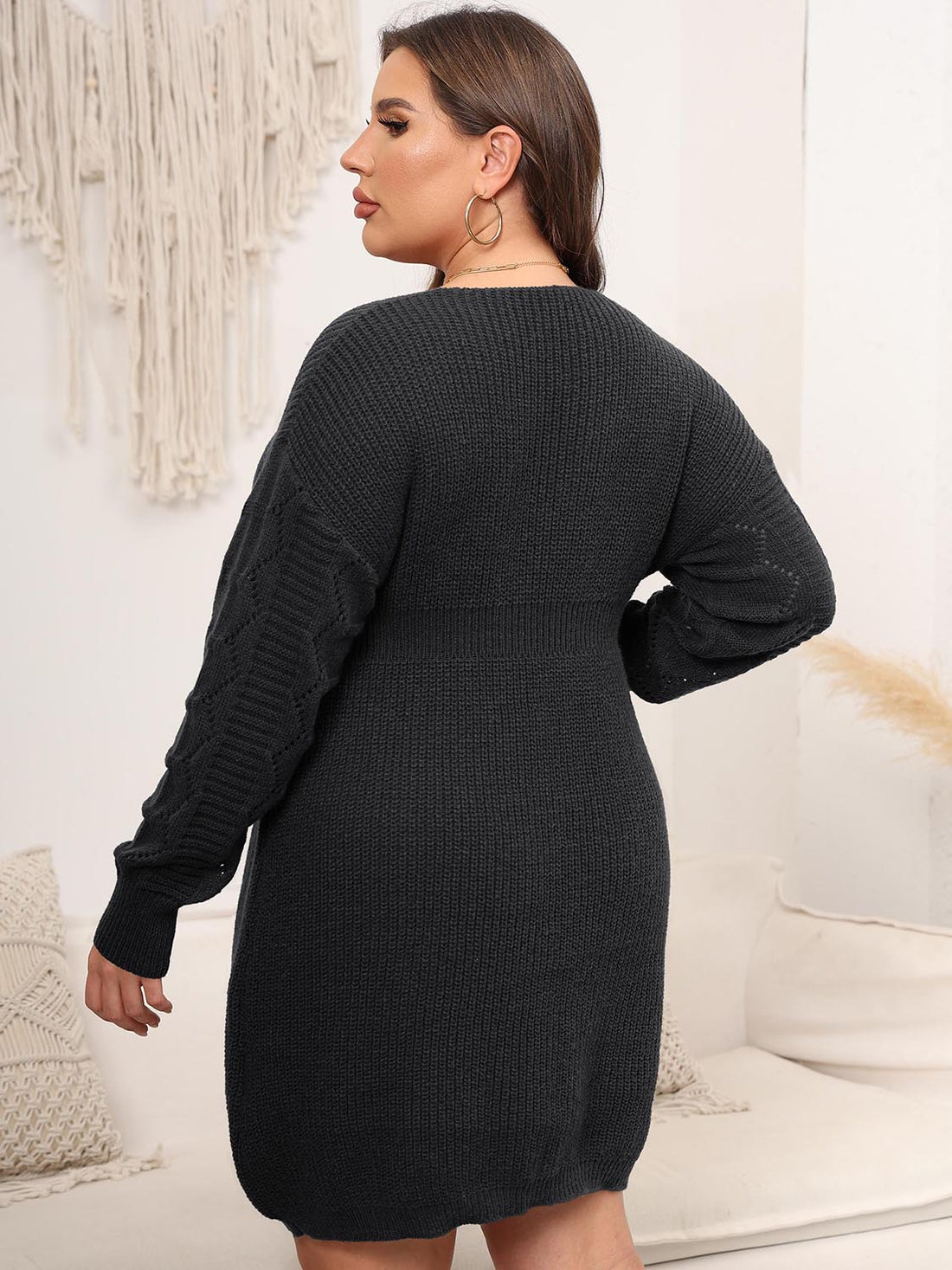 Plus Size Dropped Shoulder Long Sleeve Knit Mini Dress