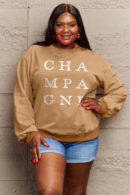 Simply Love Full Size CHAMPAGNE Graphic Long Sleeve Sweatshirt