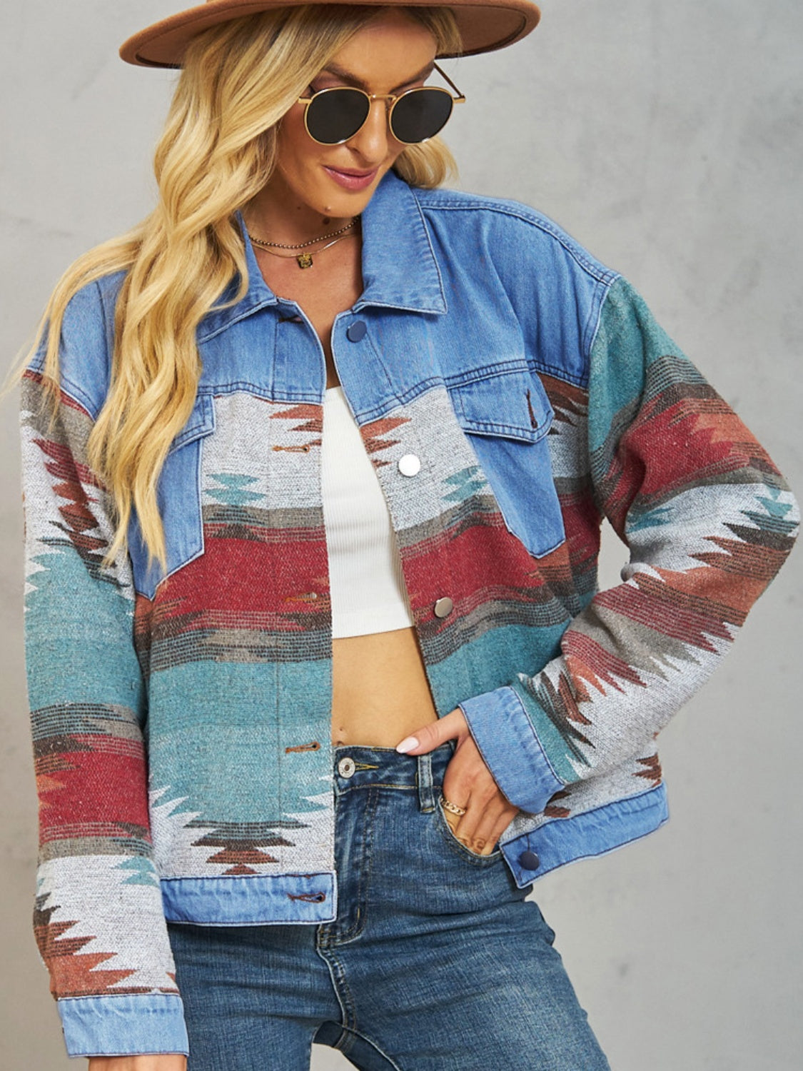 Geometric Button Up Dropped Shoulder Denim Jacket