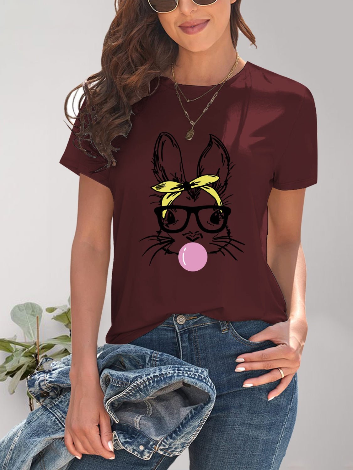 Rabbit Graphic Round Neck Short Sleeve T-Shirt